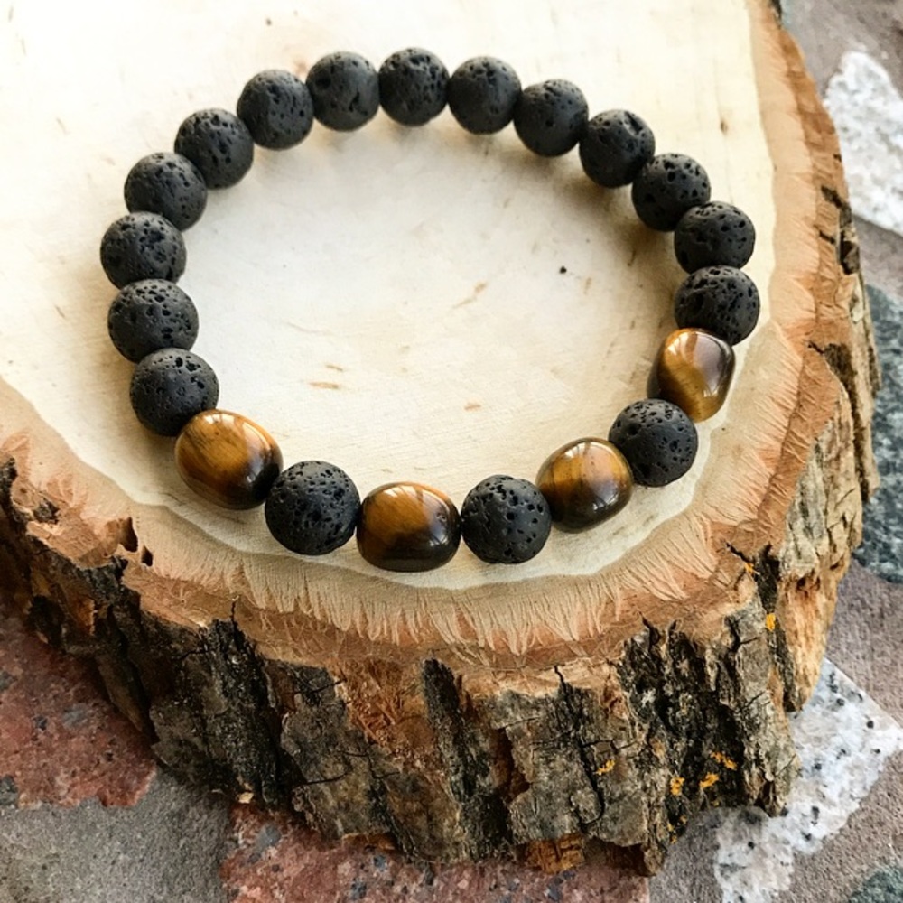 Gemstones bead bracelet . Men Genuine Golde. Tiger eye & black lava rock beads